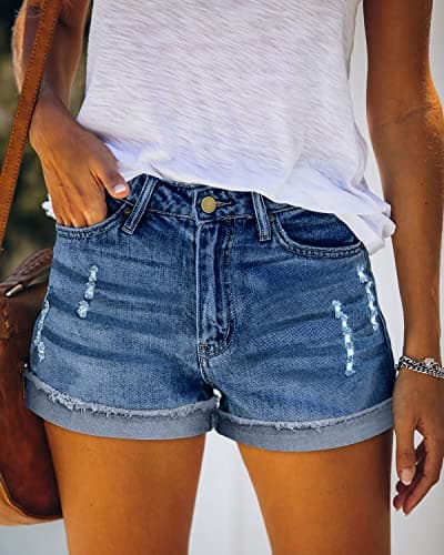 Angerella Women's Mid Rise Ripped Denim Shorts Stretchy Fold Hem
