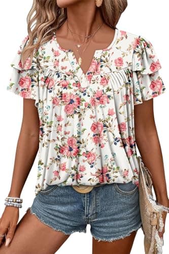 Angerella Women's Floral Print Short Sleeve V-Neck Tunic Tops