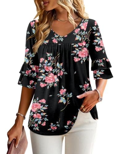 Angerella Dressy 3/4 Sleeve V-Neck Tunic Tops Spring Summer Tops