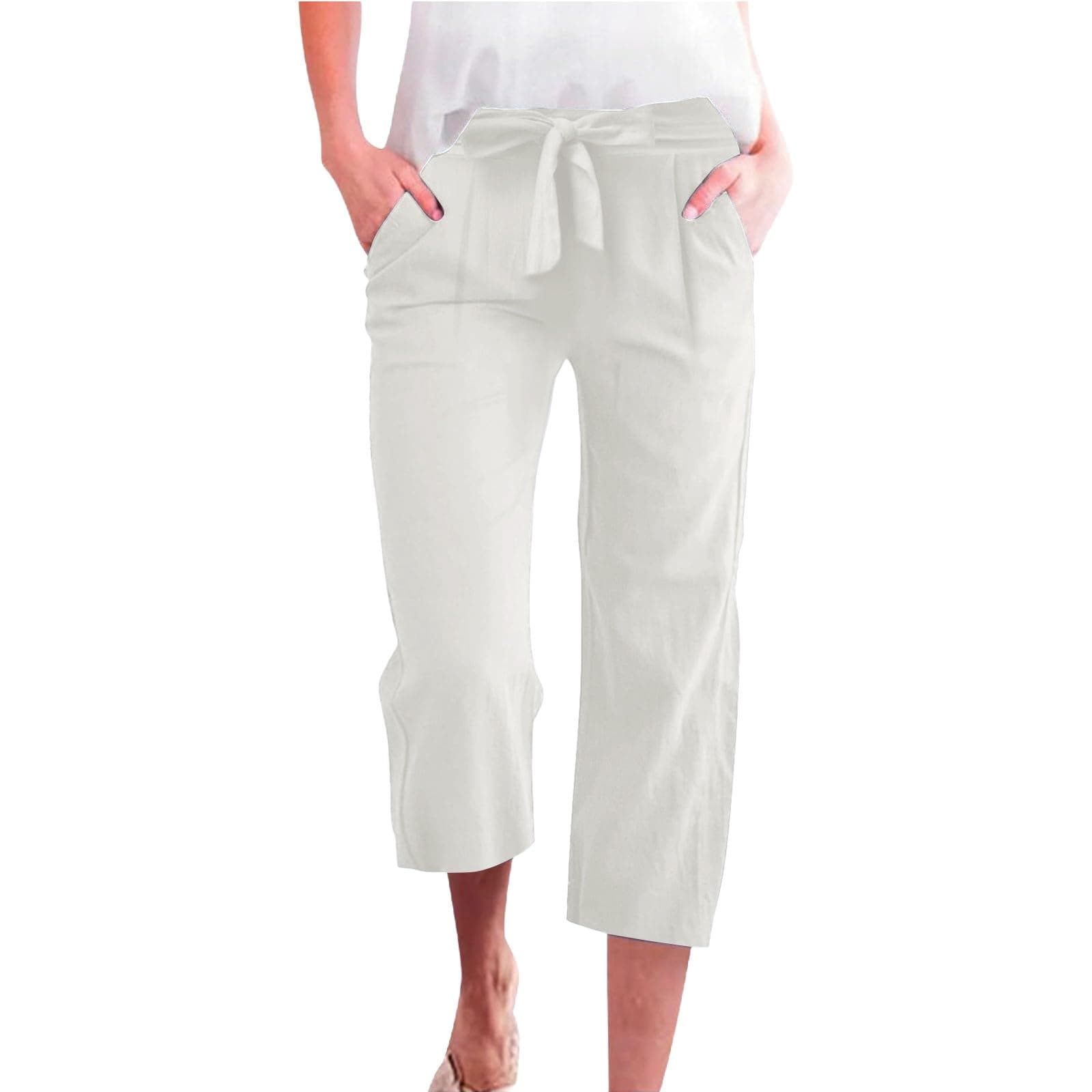 Cotton Linen Straight Wide Leg Pants for Women Elastic Waist Cropped Trousers