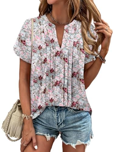 Angerella Women's Chiffon Floral Short Sleeve Blouse Summer Casual Top
