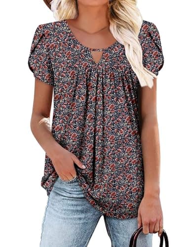 OnlyPuff Women's Pleated Floral Tunic Tops Summer Boho Dress Casual