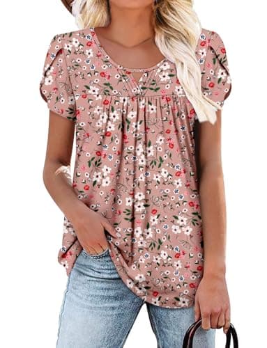 OnlyPuff Women's Pleated Floral Tunic Tops Summer Boho Dress Casual