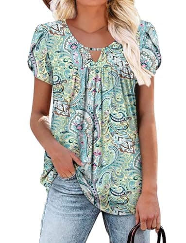 OnlyPuff Women's Pleated Floral Tunic Tops Summer Boho Dress Casual