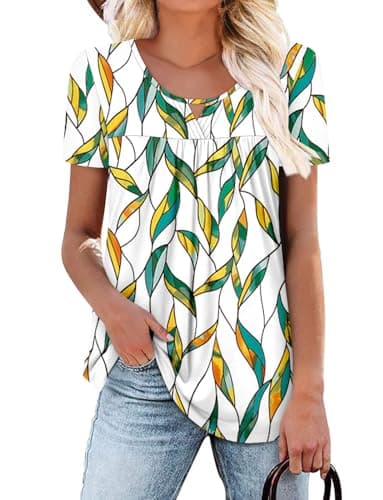 OnlyPuff Women's Pleated Floral Tunic Tops Summer Boho Dress Casual
