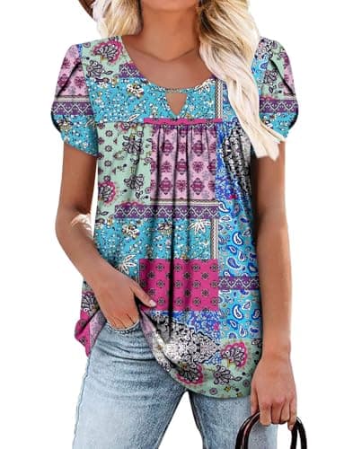 OnlyPuff Women's Pleated Floral Tunic Tops Summer Boho Dress Casual