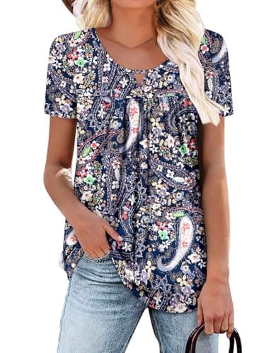 OnlyPuff Women's Pleated Floral Tunic Tops Summer Boho Dress Casual