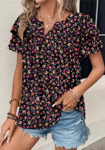 Angerella Women's Floral Print Short Sleeve V-Neck Tunic Tops