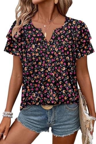 Angerella Women's Floral Print Short Sleeve V-Neck Tunic Tops