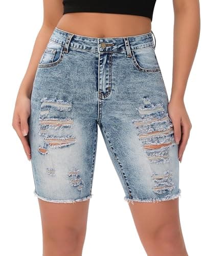 Rosswear Womens Ripped Stretch Mid Rise Frayed Long Jean Shorts