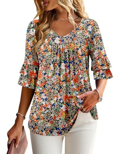 Angerella Dressy 3/4 Sleeve V-Neck Tunic Tops Spring Summer Tops