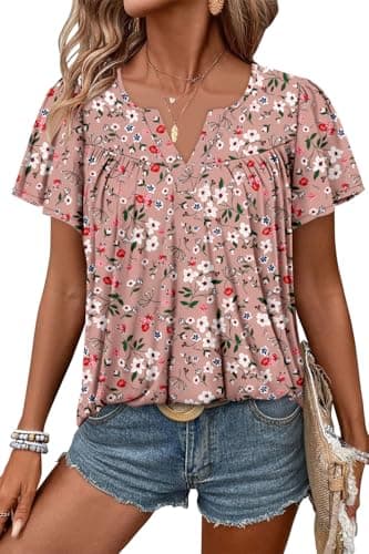 Angerella Women's Floral Print Short Sleeve V-Neck Tunic Tops
