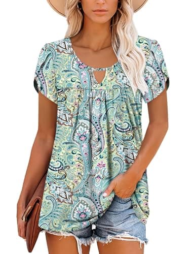 OnlyPuff Women's Pleated Floral Tunic Tops Summer Boho Dress Casual