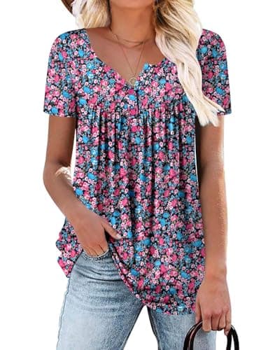 ROSELINLIN Women's Floral Summer Short Sleeve Shirt Loose Fit Leggings Top