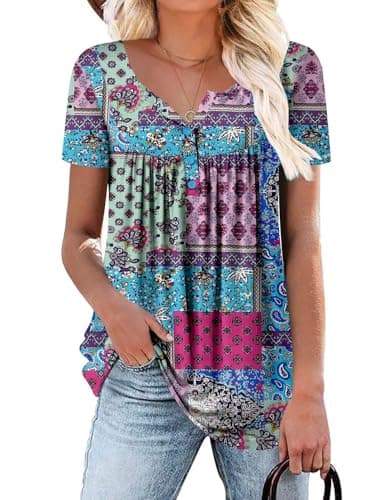 ROSELINLIN Women's Floral Summer Short Sleeve Shirt Loose Fit Leggings Top