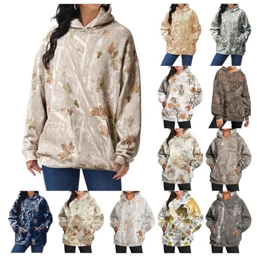 QXQYGRZ Women's Camo Hoodies with Maple Leaf Print Fleece Sweatshirts