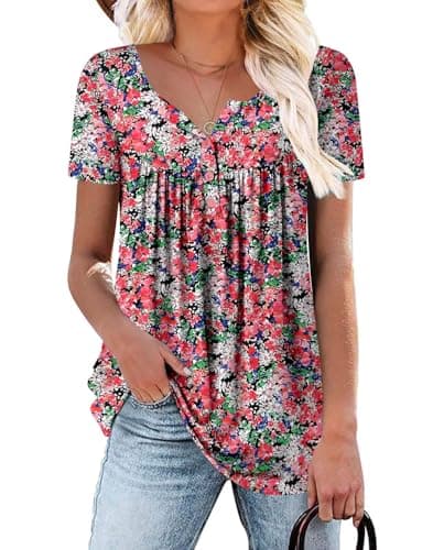 ROSELINLIN Women's Floral Summer Short Sleeve Shirt Loose Fit Leggings Top