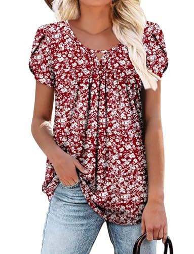 OnlyPuff Women's Pleated Floral Tunic Tops Summer Boho Dress Casual