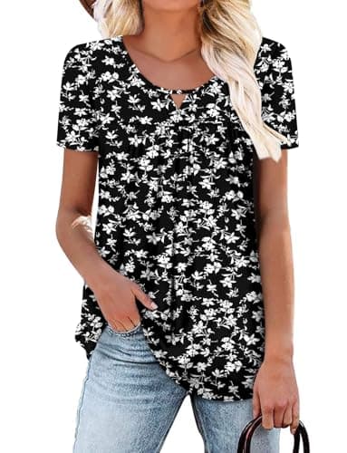 OnlyPuff Women's Pleated Floral Tunic Tops Summer Boho Dress Casual