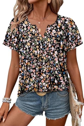 Angerella Women's Floral Print Short Sleeve V-Neck Tunic Tops