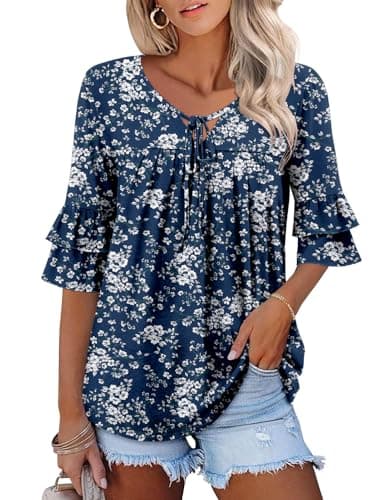 Angerella Dressy 3/4 Sleeve V-Neck Tunic Tops Spring Summer Tops