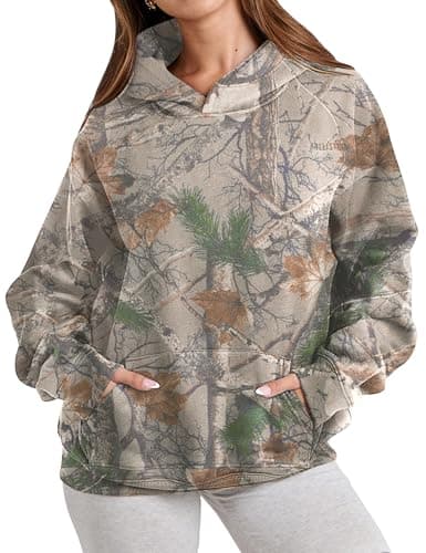 Eutten Womens Camo Hoodies Maple Leaf Print Oversized Fleece Sweatshirt with Pocket