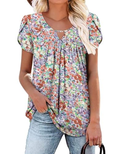 OnlyPuff Women's Pleated Floral Tunic Tops Summer Boho Dress Casual