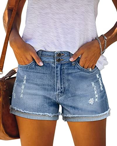 QACOHU Women's Casual Summer Denim Shorts Mid-Waisted Ripped Stretch Jeans