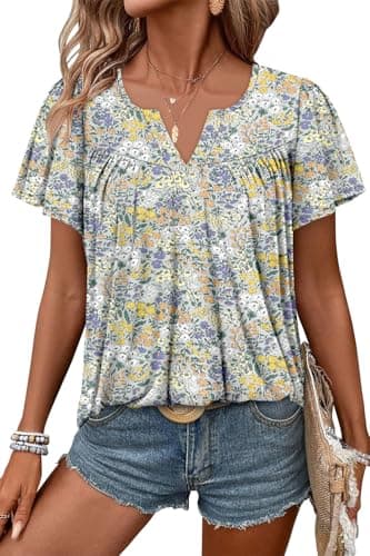 Angerella Women's Floral Print Short Sleeve V-Neck Tunic Tops