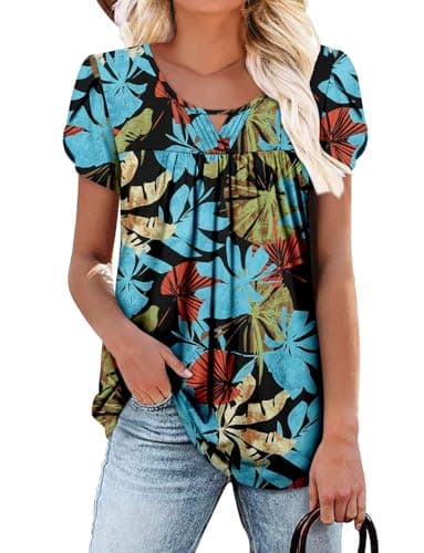 OnlyPuff Women's Pleated Floral Tunic Tops Summer Boho Dress Casual