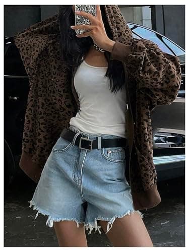 SHENHE Women's Oversized Zip Up Hoodie with Leopard Print Pockets