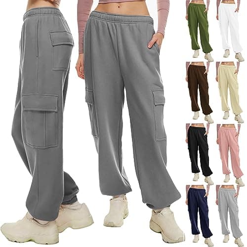 SMIDOW Women's High-Waisted Fleece Baggy Sweatpants Cargo Casual Joggers
