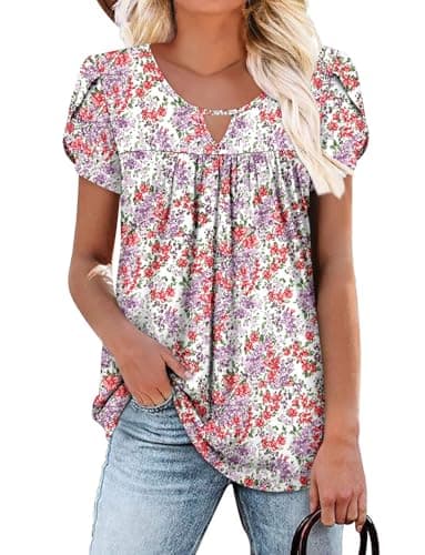 OnlyPuff Women's Pleated Floral Tunic Tops Summer Boho Dress Casual