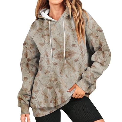GOFULY Women's Oversized Camo Hoodie with Maple Leaf Print
