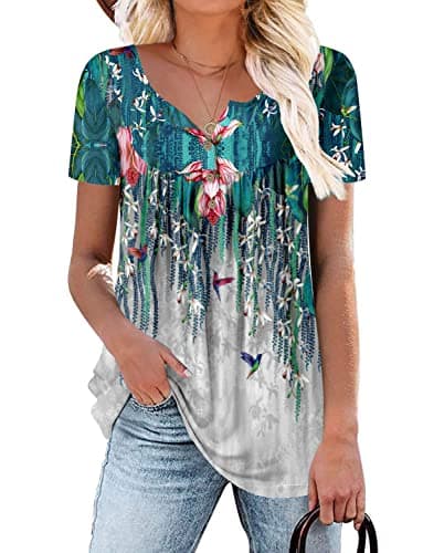 ROSELINLIN Women's Floral Summer Short Sleeve Shirt Loose Fit Leggings Top