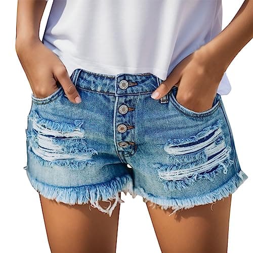 Women's Stretchy Mid Rise Ripped Denim Shorts