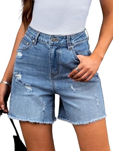 ELLEVEN Women's High-Waisted Ripped Jean Wide Leg Shorts