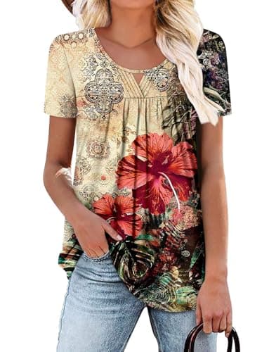 OnlyPuff Women's Pleated Floral Tunic Tops Summer Boho Dress Casual