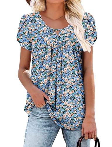 OnlyPuff Women's Pleated Floral Tunic Tops Summer Boho Dress Casual