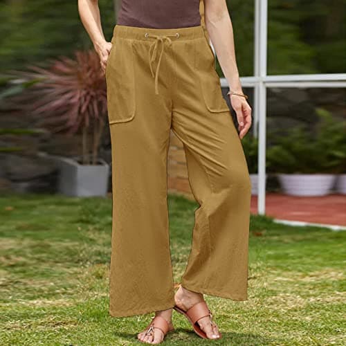 DINEVE High-Waisted Drawstring Joggers - Plus Size Wide Leg Linen Pants