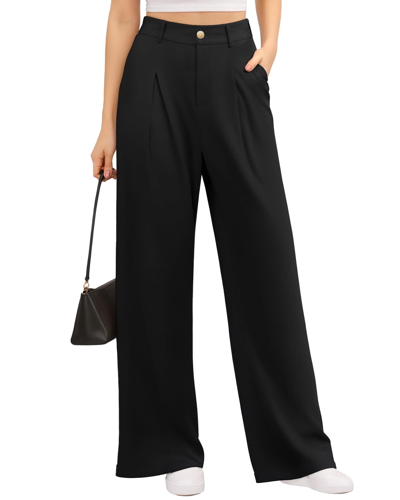 CLOZOZ Women's High Waist Wide Leg Faux Front Waffle Knit Pants