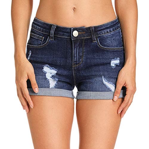 HOCAIES Women's Mid Rise Denim Shorts Folded Hem
