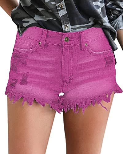 Luvamia Women's Casual High-Waisted Frayed Denim Shorts