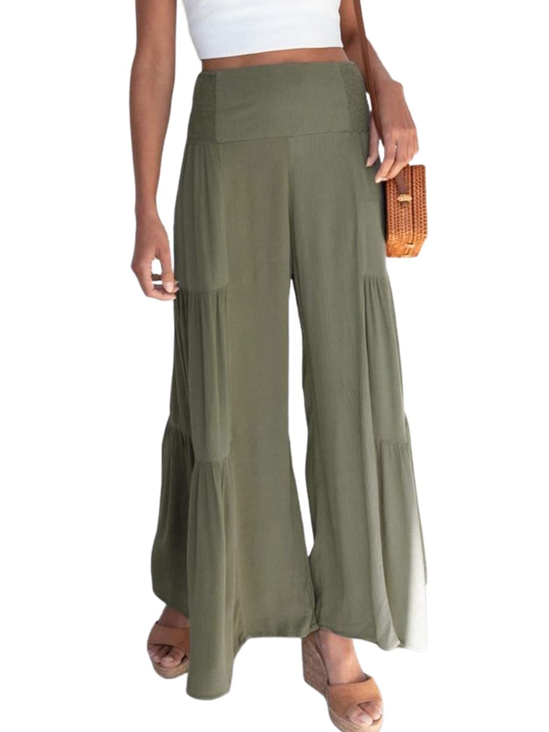 Eteviolet Women's Boho High-Waisted Wide Leg Flowy Summer Pants