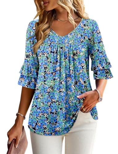 Angerella Dressy 3/4 Sleeve V-Neck Tunic Tops Spring Summer Tops
