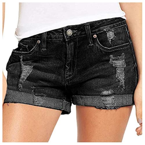 Women's Stretchy Mid Rise Ripped Denim Shorts