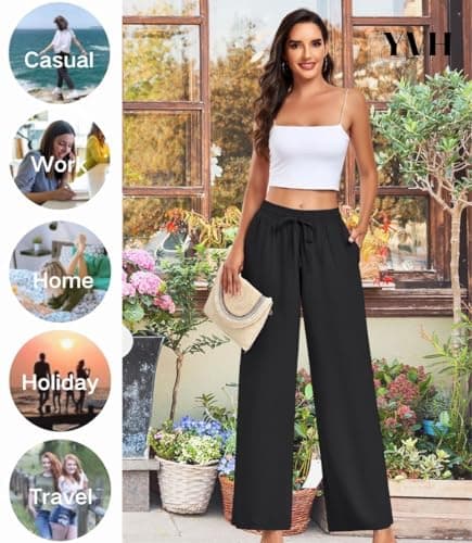 YVH Women's Casual Loose Fit Palazzo Pants with Pockets Elastic Waist