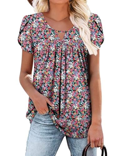 OnlyPuff Women's Pleated Floral Tunic Tops Summer Boho Dress Casual