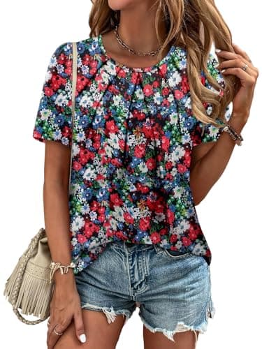 Angerella Women's Chiffon Floral Short Sleeve Blouse Summer Casual Top