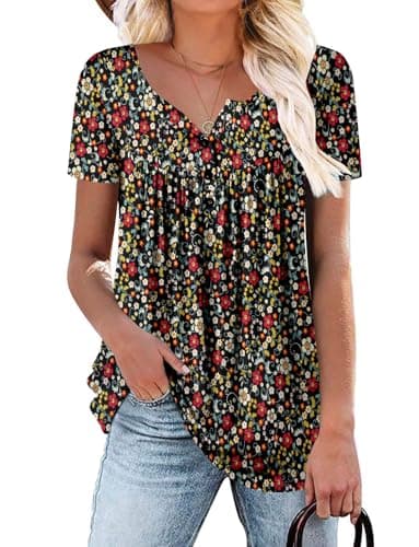 ROSELINLIN Women's Floral Summer Short Sleeve Shirt Loose Fit Leggings Top